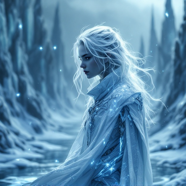 A central figure of the 14-year-old female facing sideways, her ethereal white assassin gear contrasting sharply against a somber, dark backdrop. Her white hair, gently tousled by a whisper of wind, adds a sense of motion. Swords of ice at her side emit a faint, magical glow, while the kingdom's icy spires and frozen rivers unfurl across the background in a gradient from deep blue at the bottom to silvery hues at the top.