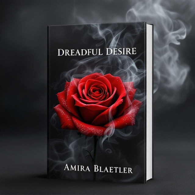 A deep, moody background with swirling, ethereal smoke in shades of gray and black. In the center, a red rose unfurls, its petals glistening with dew, symbolizing the tumultuous passion at the heart of the story. The smoke weaves through the rose, creating an aura of mystery and intrigue.