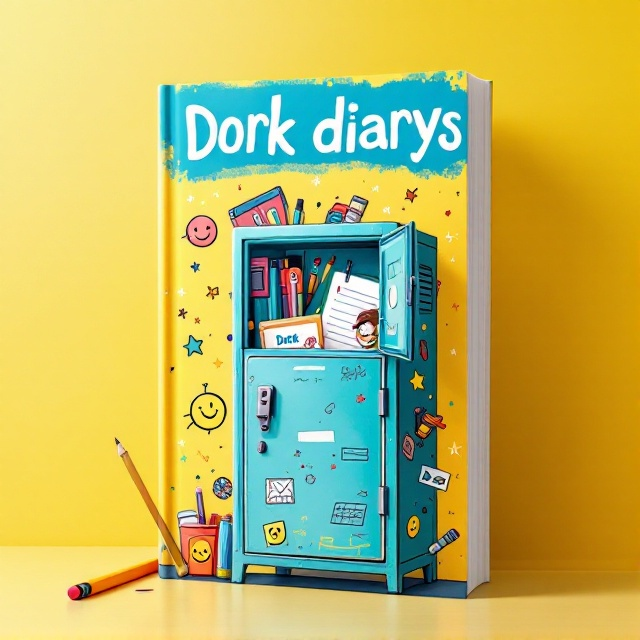 A playful illustration of a school locker half-opened, with various school supplies, a diary peeking out, and doodles scattered around. The background is predominantly yellow with whimsical illustrations of smiling faces, pencils, and stars. The title "Dork Diarys" is prominently placed at the top with vibrant, engaging colors.