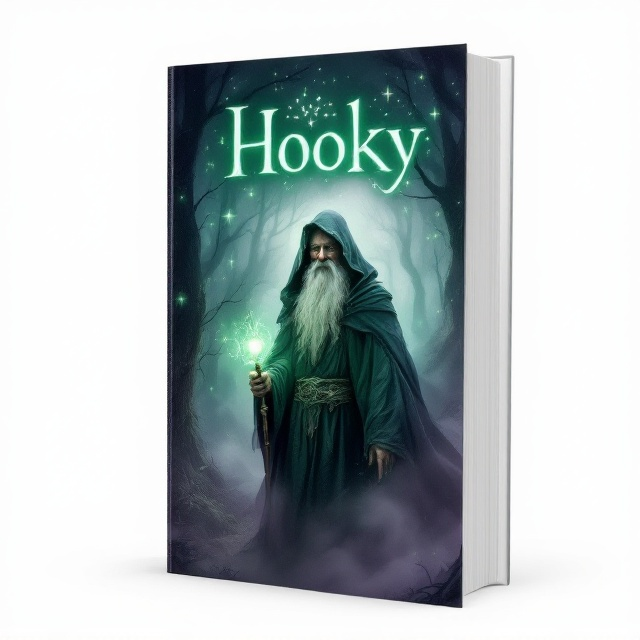 A mysterious, enchanted forest serves as the background, with swirling mist in shades of purple and green creating a mystical atmosphere. In the foreground, a wise old wizard stands partially cloaked by the mist, his cloak billowing. He is holding a staff emitting a subtle glow, which further accentuates the magical vibe. The intricate details of the wizard's robe and his ancient, wise eyes draw the viewer's attention. In the sky above, faint glowing symbols hint at magical incantations.