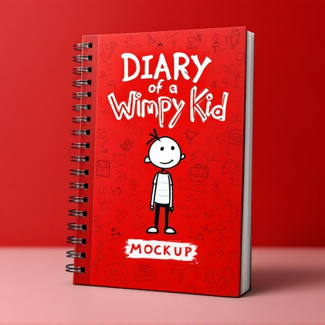 A large, spiral-bound notebook is displayed at an angle, giving the impression of a real diary. A stick figure drawing of a wimpy kid, looking awkward and slightly slumped, is centered on the notebook cover. The background is a vibrant red, matched with doodles and scribbles reminiscent of a school classroom setting on the notebook pages.