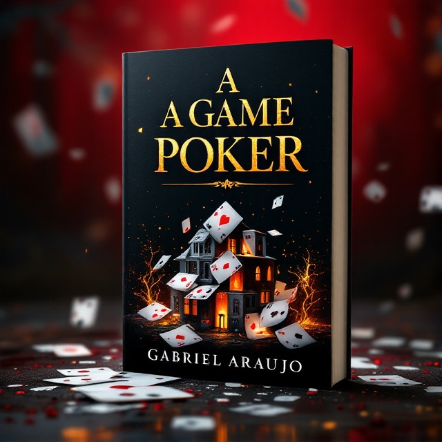 A striking image of a house of cards delicately constructed in the foreground. The house is on the verge of collapsing, with a slightly supernatural glow suggesting a magical twist. Background fades from deep red at the edges to black at the center, creating a sense of depth and intrigue. Silhouettes of mystical elements are faintly visible in the background, adding to the magical realism aspect.