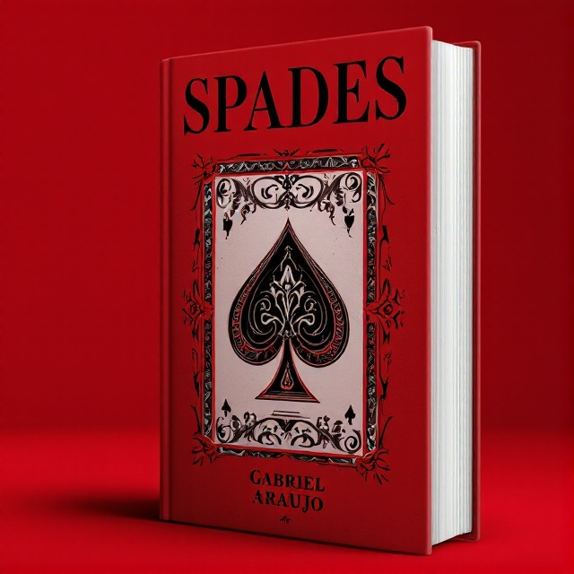 The cover features a large, intricately detailed house of cards taking center stage against a deep red background. Shadows enhance the three-dimensional effect, and the cards subtly display spade symbols and designs in black. The house of cards appears fragile yet captivating, evoking a sense of tension and elegance.