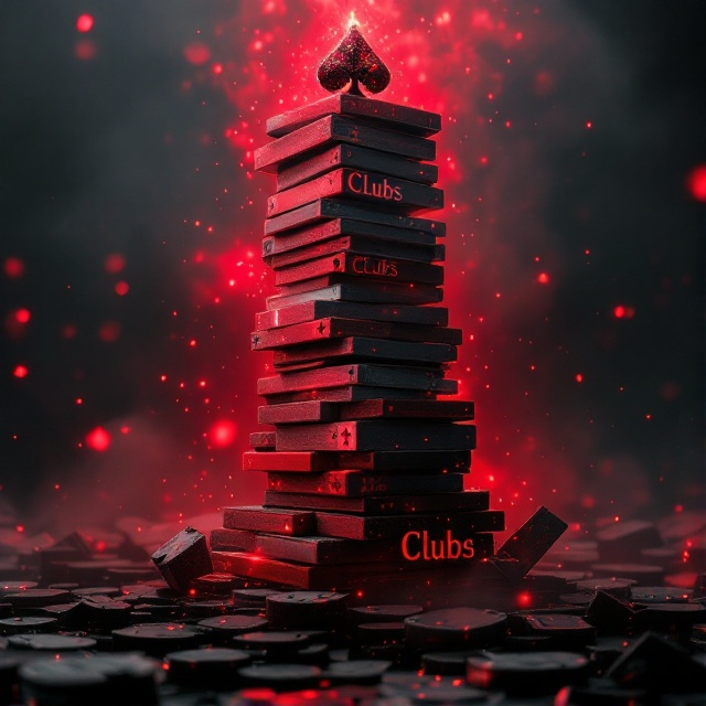 A striking image of a towering house of cards balancing precariously, bathed in deep shades of red and black. The background features an ethereal mist that hints at a magical world, with subtle glowing effects to add a sense of wonder and mystery.