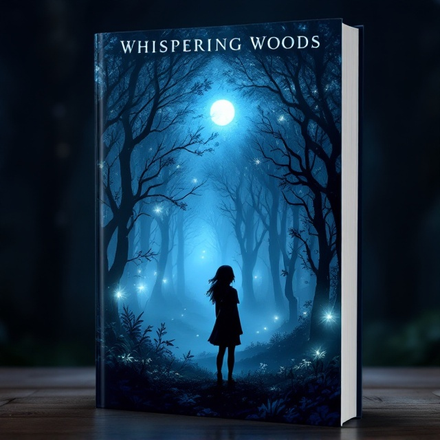 The cover depicts a dark blue, ethereal forest with an enchanting glow. The foreground features the silhouette of a brave girl named Lila, who stands on the edge of the woods gazing into the mystical depths. The forest is inhabited by magical trees like the Silverthorn and Starwillow, their leaves shimmering under the moonlight. In the distance, the Everbloom artifact is visible, casting a gentle, captivating glow.