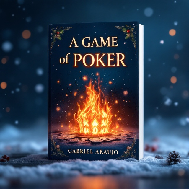 A flaming house of cards situated at the center of the cover, with snowflakes gently falling around it to indicate a Christmas setting. The background is a gradient from deep blue at the top, mimicking a night sky, to a lighter blue at the bottom. At the corners, there are subtle Christmas elements like holly or a Christmas tree silhouette to enhance the holiday theme.