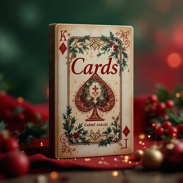 A set of poker cards with a Christmas motif, featuring subtle festive patterns such as holly, snowflakes, and red-and-green hues. The main card displays an illustration with hints of magic, like shimmering dust or faintly glowing symbols. This design is set against a soft, blurred backdrop suggestive of a warm, inviting holiday atmosphere.