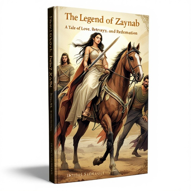A dynamic illustration of Zaynab, a strong woman in traditional attire, seated confidently on a majestic horse with a gleaming sword in her hand. The horse is flanked by two striking princes, one on each side, their expressions reverent as they hold the reins. The background is a soft beige landscape with a hint of a rising sun, symbolizing hope and redemption.