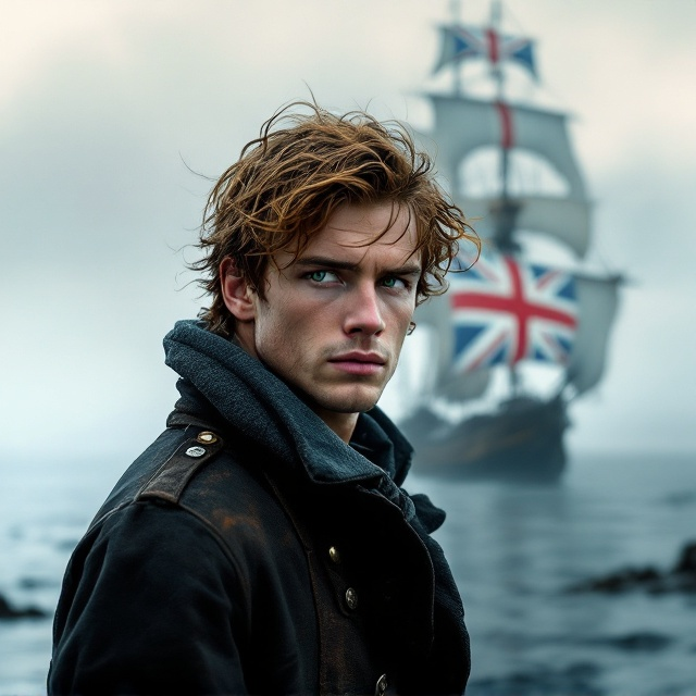 The cover features the rugged young man, aged 19, standing at the shoreline. His expression is serious yet calm, with clear hazel green eyes, as the natural light highlights his clean-shaven face. His auburn hair flows in the wind against a backdrop of a tall English ship adorned with a Union Jack flag of 1716. The ship is depicted in calm waters, adding drama and authenticity to the historical setting. Hues of red, white, and blue dominate the color scheme, enhancing the dramatic and patriotic theme. A slight mist envelops the background, completing the moody maritime ambiance.
