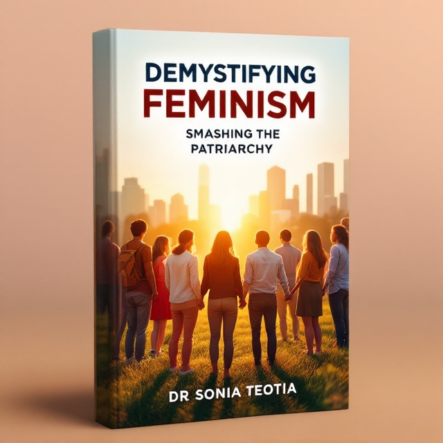 On the cover, a diverse group of people—men, women, and transgender individuals—stand in a circle on a grassy field bathed in warm, golden sunshine. Each individual is holding hands, symbolizing unity and equality. In the background, there's a subtle image of an educational institution blending with an office building, representing the impact and reach of feminism in education and the workplace.