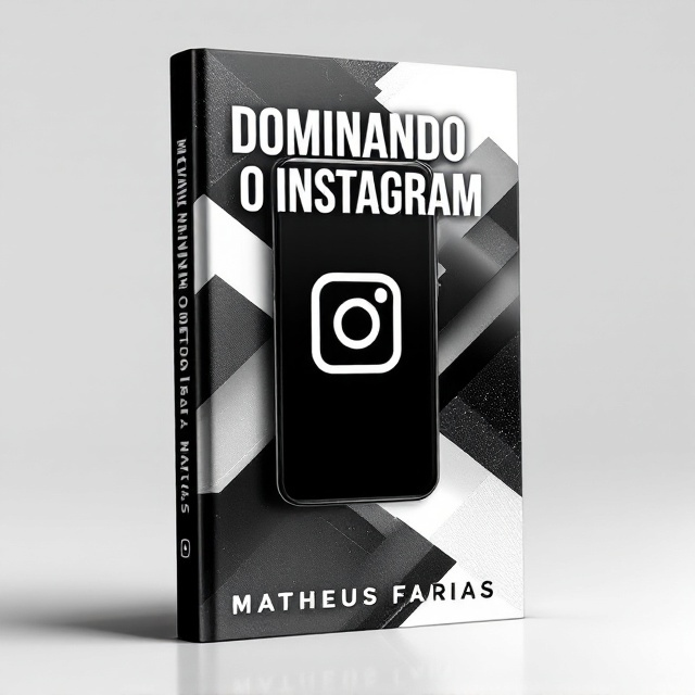 The cover features a bold black and white silhouette of a smartphone tilted at an angle, with the Instagram logo prominently centered on the phone's screen. The background is a dynamic blend of abstract geometric shapes and subtle gradients in black and white, creating a modern and sleek look. A faint glossy effect adds depth to the design.