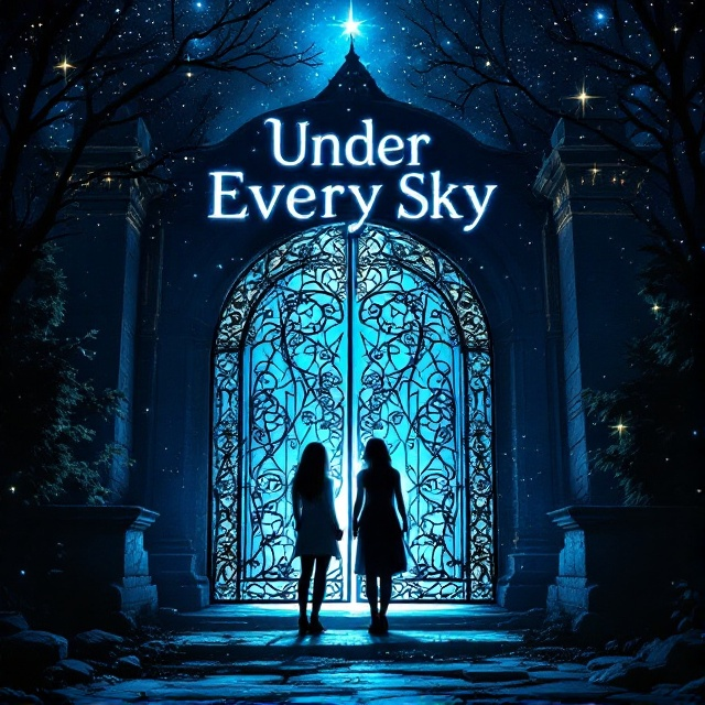 Two young women stand on opposite sides of an ornate, ancient gate under a dark blue, star-filled sky. Magic symbols shimmer subtly around the gate, casting an ethereal glow. The gate is intricate, wrought with mysterious patterns that hint at an untold story. Shadows loom around the women, adding an enigmatic feel to the scene.