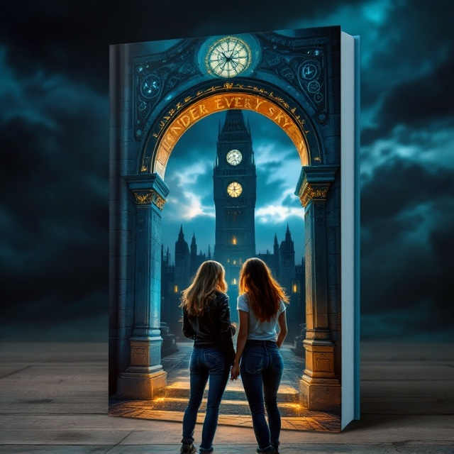 Two young women stand beneath a majestic stone arch, the arch adorned with intricate magic symbols glowing softly. The backdrop features a towering clocktower bathed in a mysterious dusk light, casting deep shadows. The sky transitions from a dark blue at the top to lighter hues toward the bottom, suggesting an air of magic and wonder. One woman is dressed in jeans and a leather jacket, while the other wears jeans and a t-shirt. The entire scene emanates a sense of fear mixed with magic and wonder.