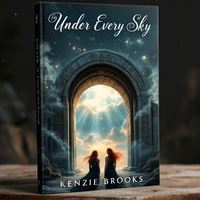 The cover features a stone arch in the center with intricate magic symbols carved into its surface. Two young women stand before it one with striking red hair and the other with softly cascading brown hair. The sunlight filters through the arch, casting long shadows and creating an aura of mystery and magic. A dark blue sky serves as the backdrop, adding a sense of depth, while ethereal wisps of clouds swirl around the arch, enhancing the feel of urgency and fear.