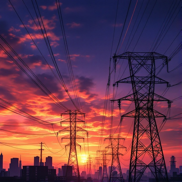The cover design features a high-contrast illustration of a network of power lines stretching across a dramatic sky at sunset. The lines are depicted with sharp, angular lines that give a sense of energy and movement. The sky is a vibrant mix of orange and purple hues, suggesting power and electricity. The foreground features the silhouette of cityscape elements to add context.