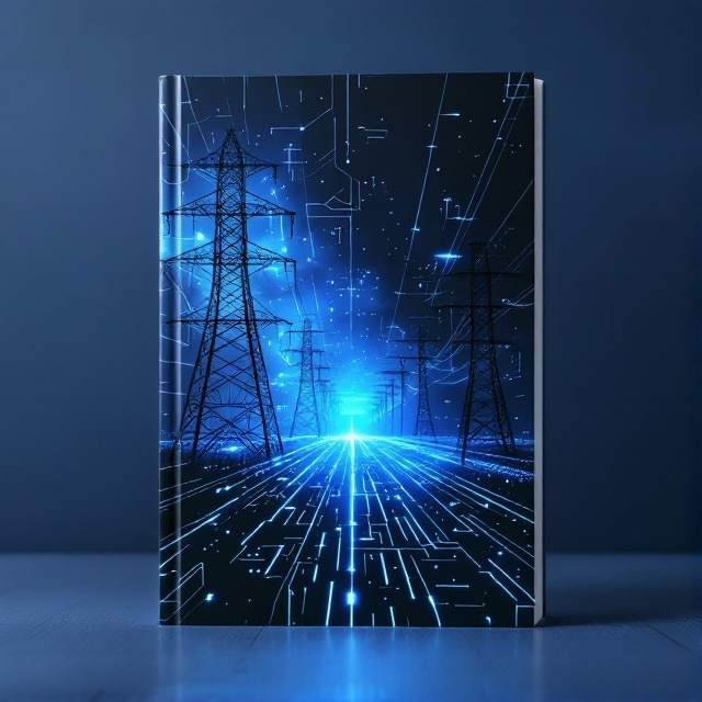 An electrifying visual of a vast and intricate network of power lines stretching across the cover against a vibrant, dynamic landscape; electric transformers are integrated subtly within the background, adding depth. Elements of digital cyber graphics cascade over the power lines, symbolizing automation and cybersecurity, creating a blend of technology and energy.