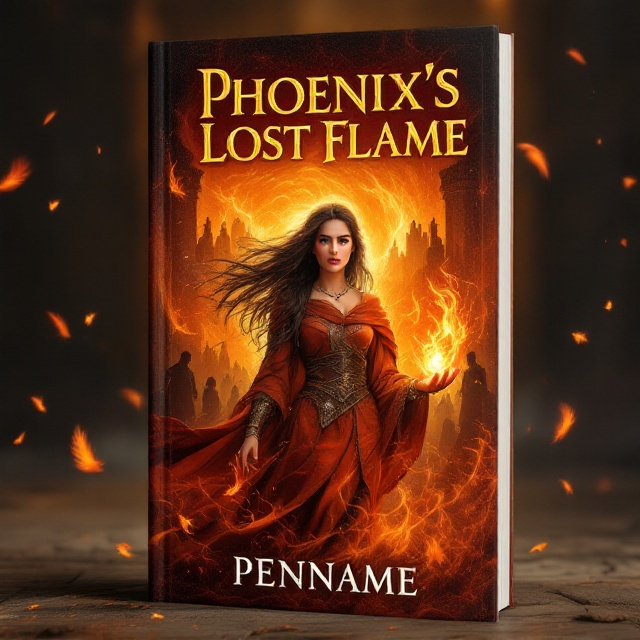 The cover features the protagonist centrally positioned, clad in medieval attire. She's surrounded by swirling flames with her expression reflecting determination and fear. A formidable fire wall looms in the background, casting a fiery glow over a silhouetted kingdom. Scattered phoenix feathers float in the foreground, and she holds a flaming gem that hints at its magical properties. Shadowy figures of council members are subtly outlined in the background, adding an ominous presence.