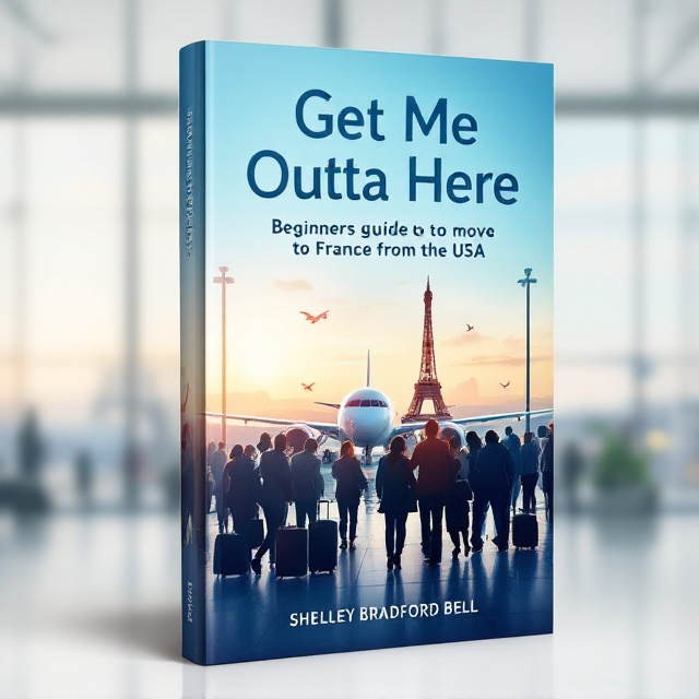 A bustling airport scene with a clear view of people hurriedly boarding a plane. Suitcases, travel documents, and a hint of the American flag being left behind are visible. The Eiffel Tower emerges subtly in the background, symbolizing the destination. The scene captures a sense of urgency and motion towards escape.