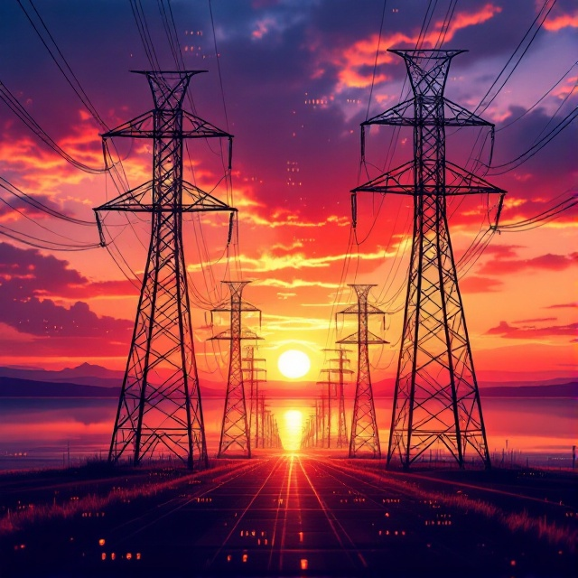 A dramatic illustration of towering transmission lines stretching into the horizon at sunset. The sky is ablaze with vibrant oranges and purples, and the silhouette of a power transformer looms subtly in the foreground. Elements of digital grids and subtle binary code flow seamlessly into the sky, symbolizing cybersecurity and automation.