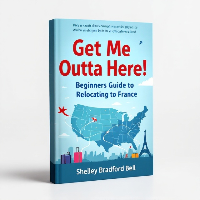 The cover shows a stylized map of the USA and France with arrows curving from the USA, suggesting movement towards France. Paris landmarks, like the Eiffel Tower, are silhouetted on the horizon against a blue sky. Urgency and escapism are visually conveyed by scattered suitcases and an exaggerated airplane path winding toward Paris.