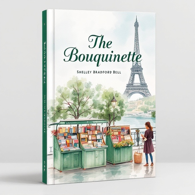A serene watercolor illustration depicting the iconic green bouquiniste boxes lined along the banks of the Seine River. The boxes are filled with colorful spines of various books, while nearby, a woman is seen leisurely browsing through the selection. The backdrop features the softly painted silhouette of the Eiffel Tower on the Parisian skyline, adding a dreamy, romantic touch to the scene. Gentle reflections on the river enhance the calm, inviting atmosphere.