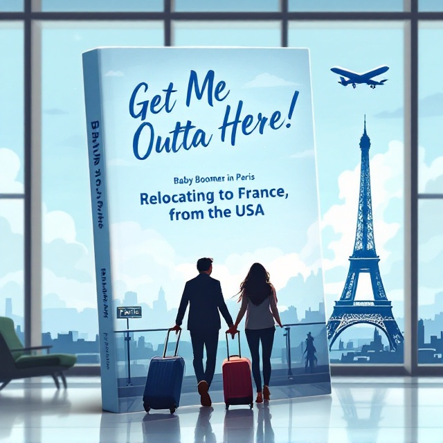Illustrate a bustling airport scene capturing the urgency and excitement of departure. In the foreground, show a couple with suitcases hastily moving towards an airplane gate labeled "Paris." In the background, include a silhouette of the Eiffel Tower visible through large airport windows. Insert a plane taking off, soaring towards the sky, embodying the spirit of escape and new beginnings.
