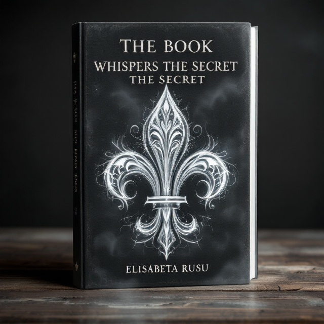 The cover features a vintage, dark, and mystical aesthetic. The background is predominantly black, with subtle textures resembling aged parchment. In the center, there is an intricate, translucent white fleur de lis, surrounded by swirling, smoky tendrils, suggesting secrecy and mystery. The title, "The Book Whispers the Secret," is subtly integrated into this scene, giving it an ethereal feel, with hints of shadow play around the elements to enhance depth and intrigue.