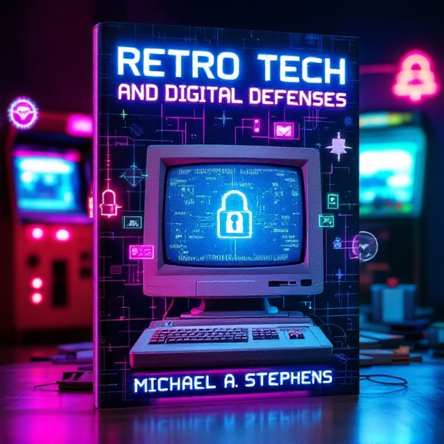 The cover features an 80's vintage computer setup with floppy disks scattered around, an arcade machine in the background, and graphical illustrations of digital security icons overlaid. The color palette involves neon shades of blue, pink, and green, creating a vibrant, retro aesthetic. The central focus is on a CRT monitor displaying a pixelated image of a digital lock, symbolizing cyber security.
