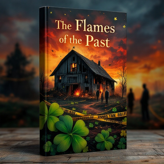 The cover features a haunting illustration of a dilapidated barn, partly engulfed by flames, with strands of police tape fluttering in the breeze. In the foreground, a lush and oversized four-leaf clover partially covers the scene, symbolizing luck and mystery. The background showcases a vivid sunset sky with rich oranges and purples, casting an eerie glow over the entire scene. Silhouettes of elderly figures stand at a distance, subtly integrated into the landscape to emphasize their presence and the secrets they hold.