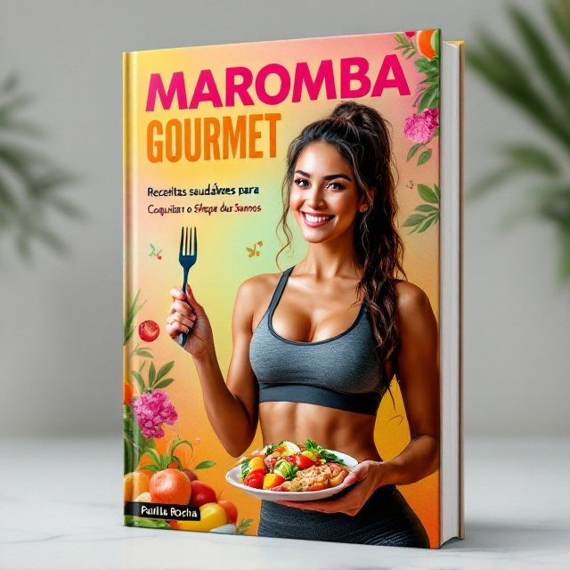 A vibrant cover featuring a fit and muscular woman with radiant skin and a captivating smile. She is in a dynamic pose, dressed in stylish gym attire, holding a fork with a colorful, healthy dish featuring fresh vegetables and protein. The background showcases a gradient of energetic colors symbolizing vitality and health, with subtle graphics of fruits and vegetables.