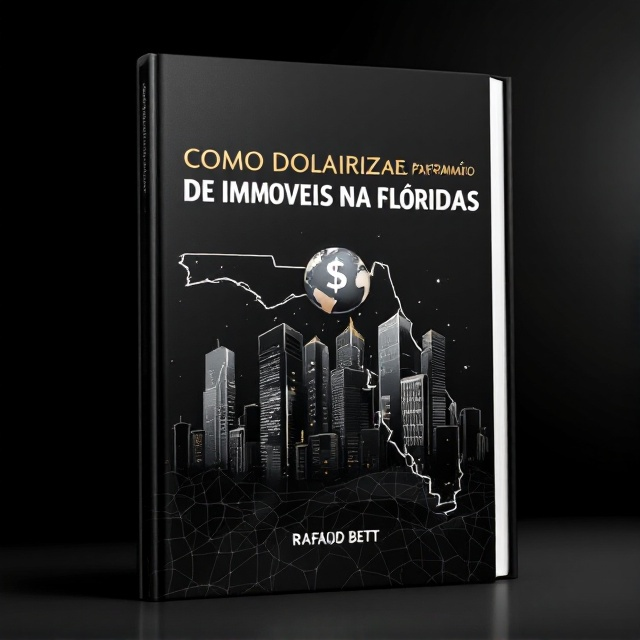 A sleek and sophisticated black background with a faint outline of the Florida map in a glossy silver. Prominent modern skyscrapers are subtly integrated, suggesting real estate. The top part of the cover features a globe with a stylized dollar symbol on it, indicating a financial theme.