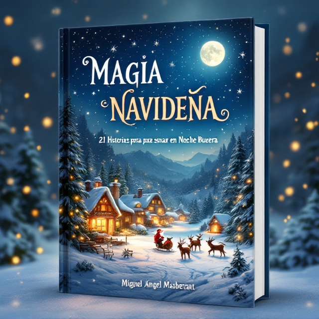 A snow-covered landscape with a cozy village illuminated by warm, glowing lights under a starlit sky. Santa's sleigh is silhouetted against the moon, while playful reindeer prance in the foreground. Fairy lights twinkle around the border, and gentle snowflakes cascade down the cover, creating a whimsical effect.