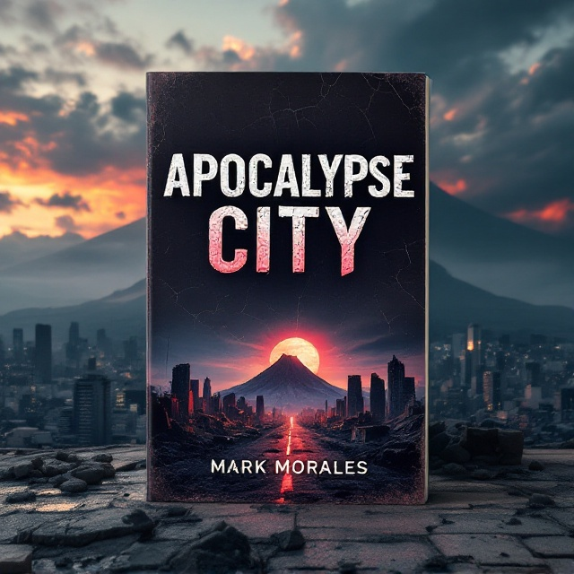 A dramatic scene with a wide-angle view of a dead volcano looming in the background, casting long shadows. The foreground depicts a cityscape with crumbling skyscrapers and abandoned streets that stretch toward the horizon. The sky is dominated by a vivid, mesmerizing sunset with hues of orange, red, and purple, casting an eerie glow over the desolate landscape.