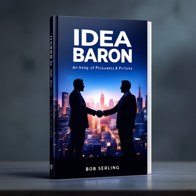 Two business professionals are depicted at the center of the cover, standing in silhouette against a backdrop of a bustling city skyline. They are shaking hands, symbolizing the finalization of a successful deal. The skyline and figures are set against a rich blue gradient background, evoking confidence and trust. In the foreground, a subtle hint of a light bulb outline, symbolic of ideas, is faintly visible.