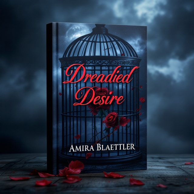 The cover features a dark, stormy sky as a backdrop, with a large, ornate birdcage prominently placed in the foreground. Inside the birdcage, a blood-red rose is entwined around its bars, with a few petals falling gently. The rose glistens under a subtle beam of moonlight, adding an air of mystery and allure.