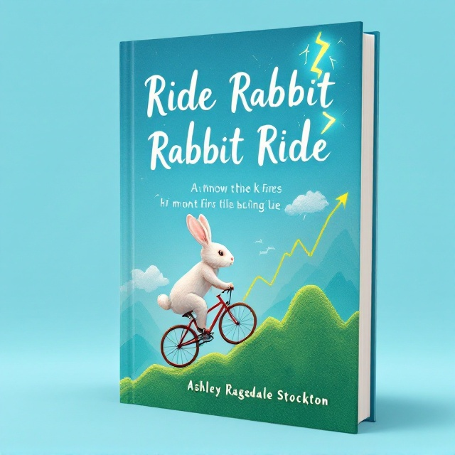 The cover presents a whimsical scene featuring a cheerful rabbit riding a bicycle. The path it rides on mimics a stock market chart ascending a mountain, with peaks and valleys represented by green and blue lines. Above the rabbit, a vivid lightning bolt zigzags through a clear blue sky, symbolizing excitement and energy.