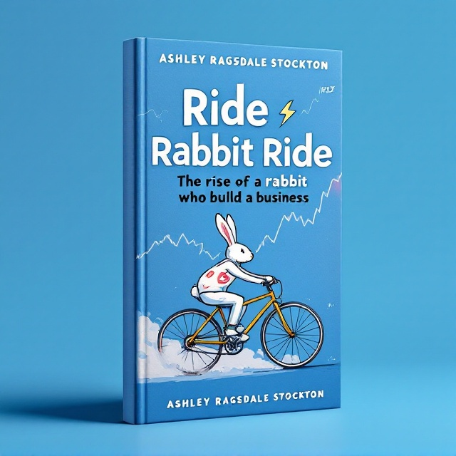 The cover features a dynamic illustration of a rabbit energetically pedaling a bicycle, with a lightning bolt logo emblazoned on the bike frame. Above the rabbit, a subtle stock market chart with the ticker "RIDE" zigzags across the sky, hinting at a financial success story. The primary color blue serves as the backdrop, conveying a sense of calm confidence, while other complementary colors highlight the key elements to draw the eye.