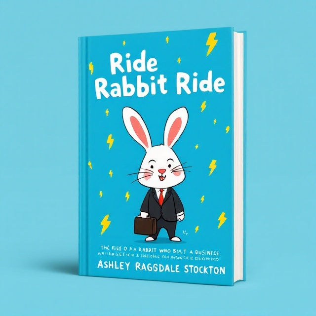 A playful and dynamic cover design featuring a blue backdrop with scattered yellow lightning bolts across it. In the center, an illustration of an ambitious-looking rabbit wearing a suit and carrying a briefcase, exuding success and determination. The rabbit is slightly tilted, giving a sense of motion and energy, appropriate for the title "Ride Rabbit Ride.".