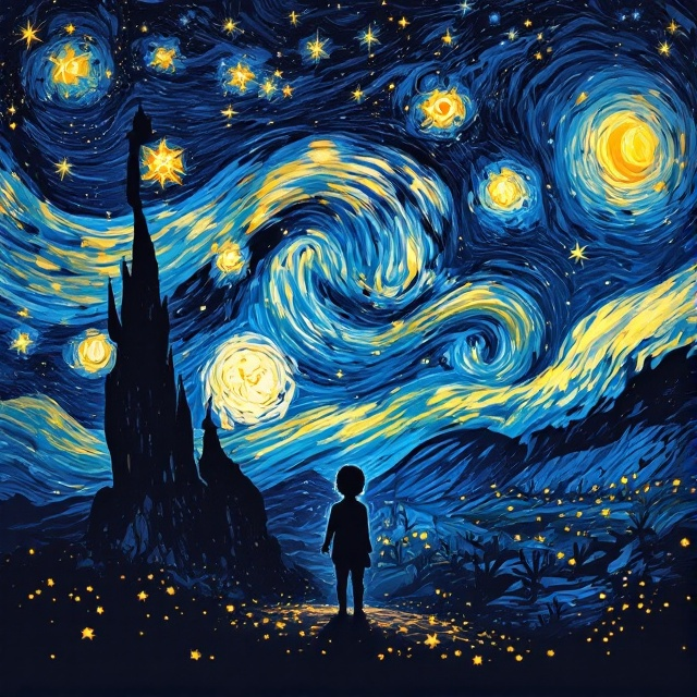 The cover presents an artistic reinterpretation of Vincent van Gogh's "Starry Night." The swirling, vibrant night sky is enriched with the subtle addition of more stars, radiating a magical aura. Silhouetted against this enchanting background is the mysterious shadow of a child, seamlessly integrated into the landscape, bringing an air of mystery and wonder.