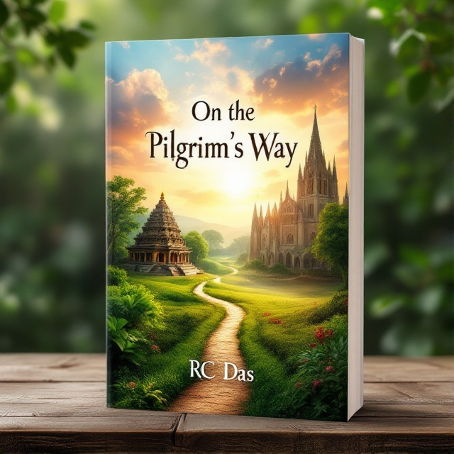 A serene landscape divides the cover, with the left showcasing an ancient Hindu temple amidst lush greenery and vibrant sky, and the right featuring a tranquil Gothic cathedral surrounded by a gentle sunlit haze. The horizon line where both meet is a winding path symbolizing the Pilgrim's Way. Above, soft clouds create a divine aura.