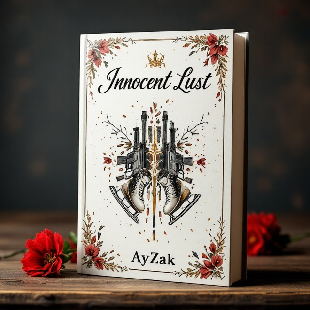 The cover features a delicate off-white background with golden tattoo drawings subtly etched across it, adding an edgy yet elegant dimension. At the center, an intricate design forms the focal point, combining ice skater skates with guns and bullets, symbolizing the unlikely pair of an ice skater and a mafia man. The design is bold, yet seamlessly integrated into the overall theme. A border of small crimson red flowers adorns the edges, drawing the eye inwards towards the central image, creating a harmonious blend of elements.