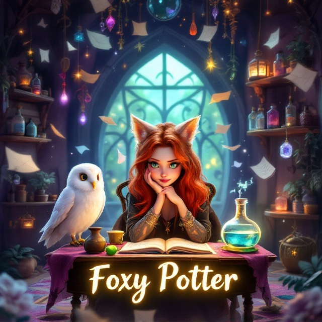 Foxy Tonks with her red hair and green eyes in a whimsical room full of magical elements. She sits contemplatively at a small, magical table as floating pages surround her. A glowing inkwell is by her side, with a potion bubbling on a nearby shelf. The room's cozy atmosphere is created through a mix of warm, soft colors — deep purples, soft blues, and muted greens. The enchanted shelves are filled with floating charms, crystals, and potion bottles. A white owl with an envelope stares at her.