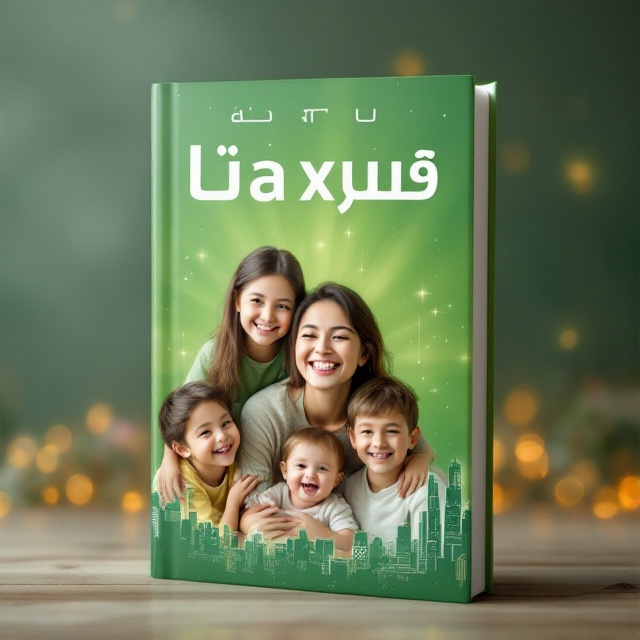 A vibrant green cover showcasing a joyful woman at the center, surrounded by her smiling husband, two children, and a baby. The background features subtle futuristic cityscape silhouettes, integrating the science fiction element subtly. Soft beams of light appear to radiate from the family, symbolizing unity and happiness.