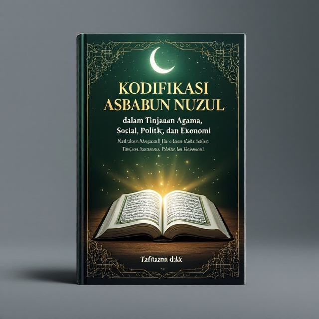 The cover features a luminous crescent moon in the upper left corner, casting a gentle, silvery glow across the dark green background. Below the moon, an open Al Quran is positioned centrally, with rays of light streaming from its pages, symbolizing divine wisdom and enlightenment. The Arabic script of key Quranic terms is subtly woven into the background, enhancing the spiritual ambiance. The cover is bordered with intricate Islamic geometric patterns to add depth and cultural context.