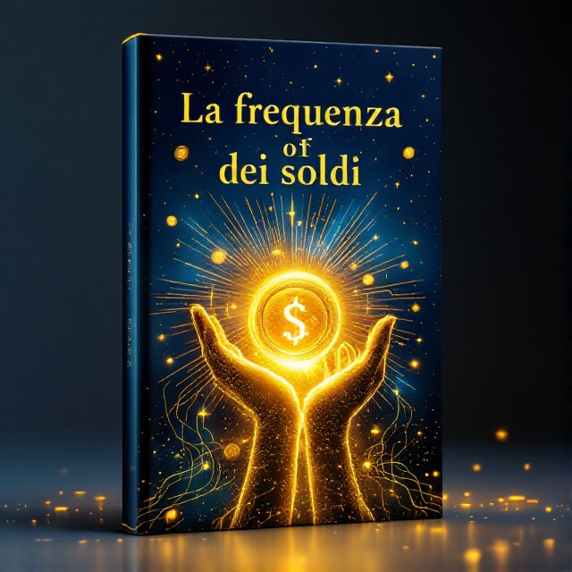A gradient background of deep blue merging seamlessly into shimmering gold, radiating light from the center. Central to the design is a stylized hand, crafted from thin, fluid lines, holding a glowing golden coin. Surrounding the hand is an energy field depicted with wavy lines and floating symbols of wealth like coins and upward arrows. Delicate golden light particles float throughout, adding to the cosmic allure.