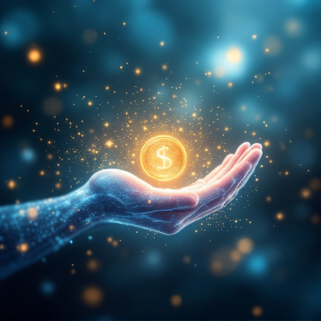 A fluid, ethereal hand made of delicate, pulsating lines in luminescent white or soft blue sits prominently in the center, capturing the essence of movement and energy. It delicately holds a golden coin surrounded by a faint halo, or alternatively, a gently floating banknote, both exuding a warm golden glow. Surrounding the hand, a constellation of tiny light particles and sparkling waves radiate outward, resembling a transformative, expansive energy. The background merges in an abstract blur of blues, golds, and whites, creating an aura of mysticism and spirituality centered on the energetic nature of money.