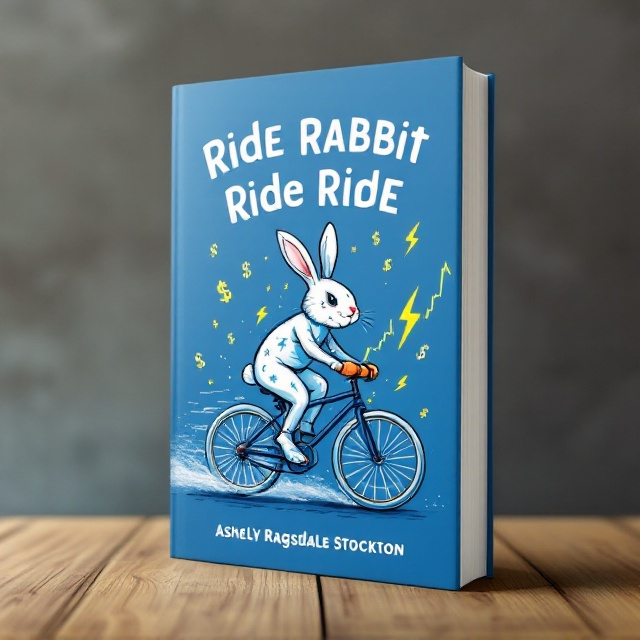 The cover features a dynamic illustration of a rabbit with a lightning bolt pattern on its fur, energetically riding a bicycle adorned with a lightning bolt logo and carrot handlebars. Surrounding the central image, there are stylized dollar signs and lightning bolts scattered across a blue background. The backdrop prominently displays a stock market chart, subtly merging with the scene to convey the theme of success in business.