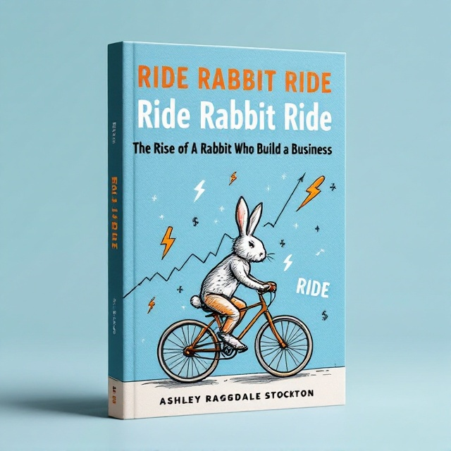 A dynamic blue-toned background sets the scene with an ascending stock market chart cutting across diagonally. In the center, a whimsical sketch of a rabbit energetically pedaling a bicycle, its handlebars made of carrots. The rabbit's fur features a distinct lightning bolt pattern. Strategically placed lightning bolts and dollar signs add energy to the composition. The book's title and author name are prominently displayed above and below the rabbit, while the ticker "RIDE" subtly integrates into the stock chart.