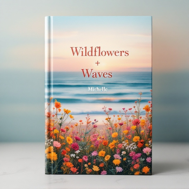 A serene landscape featuring a horizon where gentle ocean waves meet a lush field of wildflowers. The flowers in the foreground are brightly colored, swaying in a soft breeze, with the ocean in the background under a warm, golden sunset. The sky is painted in pastel shades, blending into the sea and land, evoking a sense of nostalgia and warmth.
