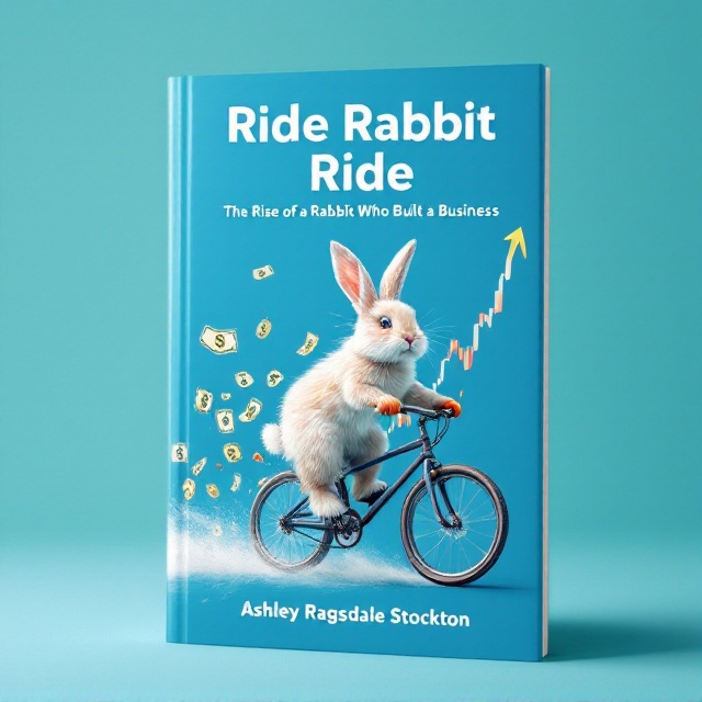 A joyful rabbit with lightning bolt fur rides a bicycle with carrot handlebars. The rabbit leaves a trail of floating dollar bill signs as it pedals. Behind the rabbit, a dynamic stock market chart rises upward, with a bold ticker RIDE. All elements are set against a vibrant blue background that symbolizes optimism and potential.